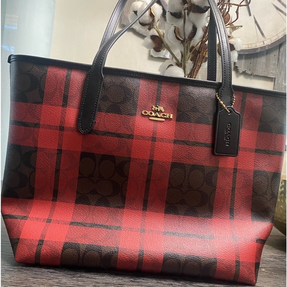 Coach Zip Top Tote In Signature Canvas With Field Plaid Print - Picture 3 of 15